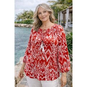 Chico's Womens Blouse Red Size 2 Large Tassel Tie Modal Long Sleeve Top Summer